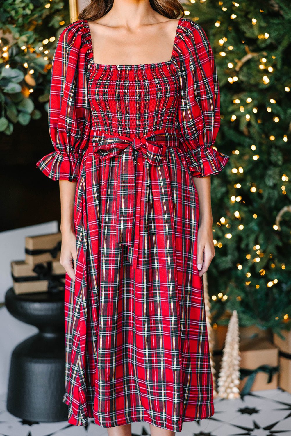 Red Plaid Square Neck Puff Sleeve Bowknot Waist Flared Midi Dress - MAD RUFFI