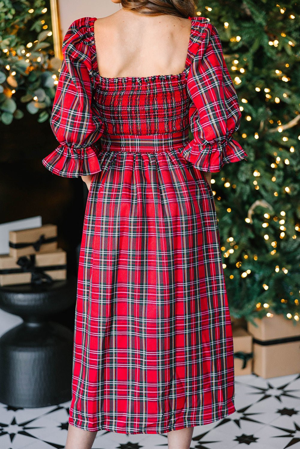 Red Plaid Square Neck Puff Sleeve Bowknot Waist Flared Midi Dress - MAD RUFFI
