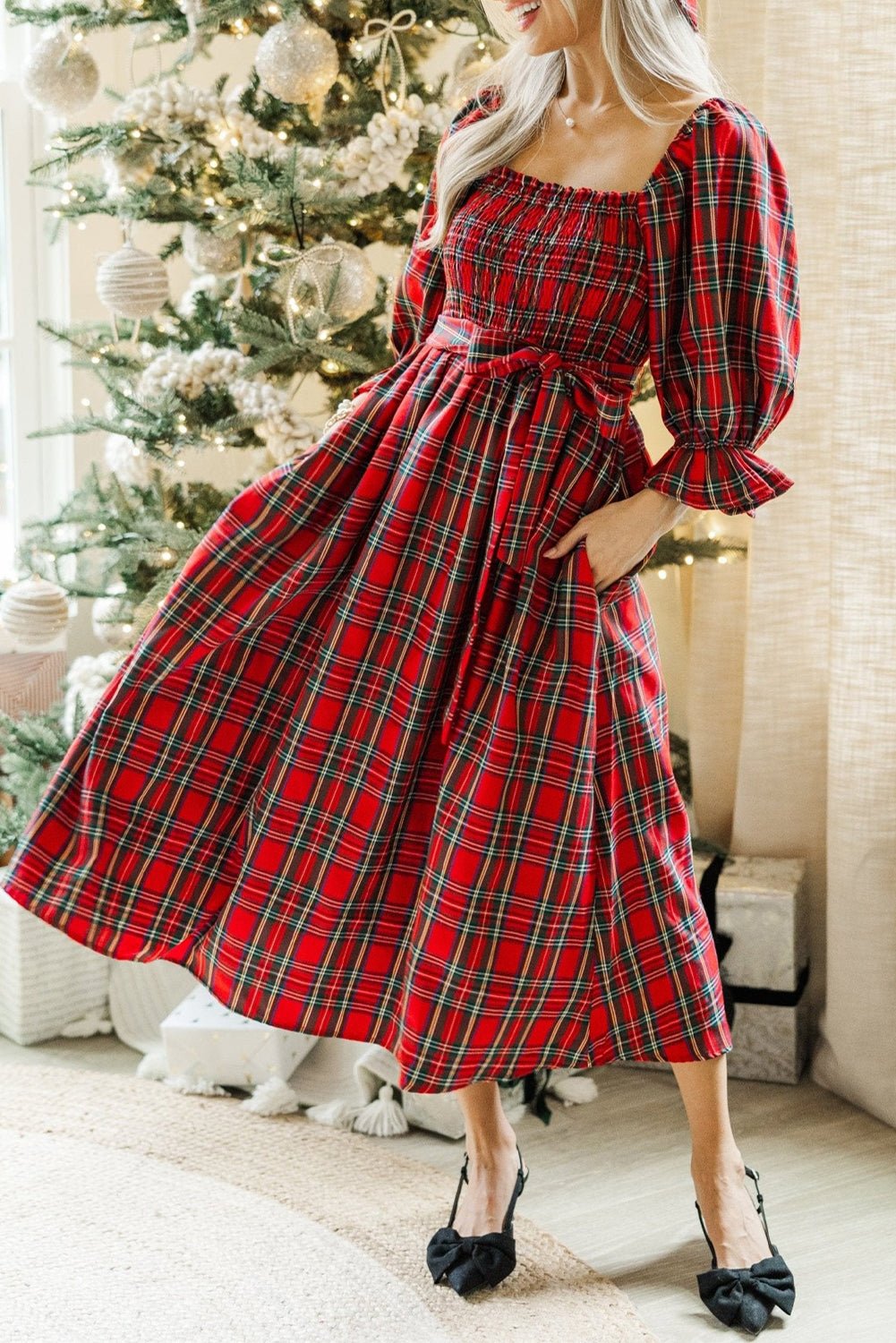 Red Plaid Square Neck Puff Sleeve Bowknot Waist Flared Midi Dress - MAD RUFFI