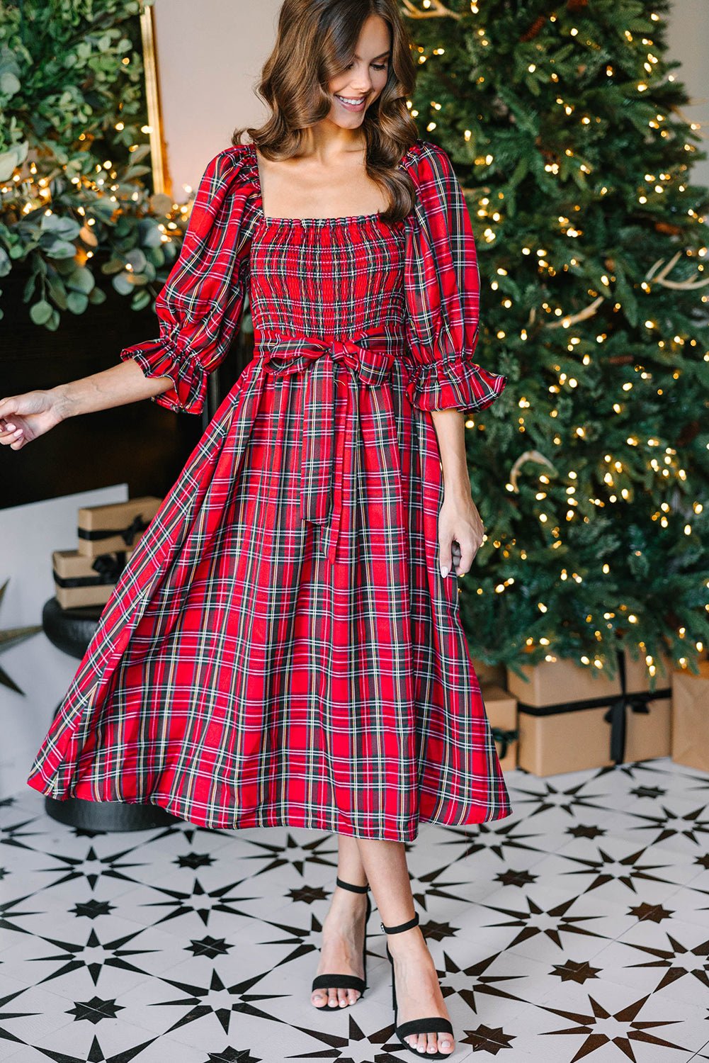 Red Plaid Square Neck Puff Sleeve Bowknot Waist Flared Midi Dress - MAD RUFFI