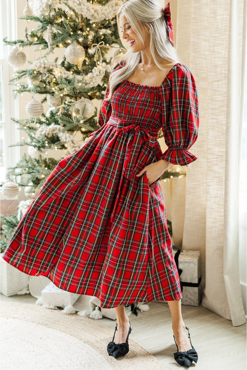 Red Plaid Square Neck Puff Sleeve Bowknot Waist Flared Midi Dress - MAD RUFFI