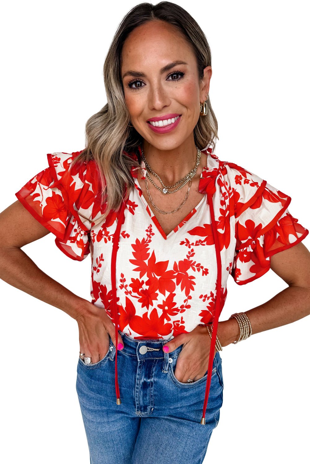 Red Plant Print Tiered Ruffle Sleeve Blouse - MAD RUFFI
