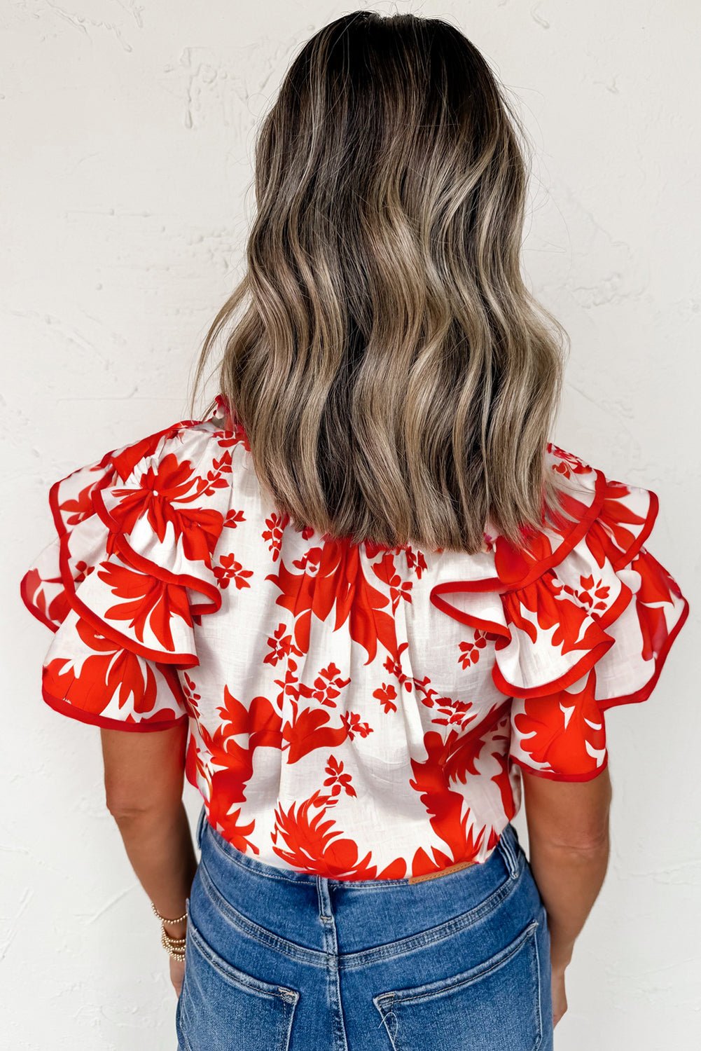 Red Plant Print Tiered Ruffle Sleeve Blouse - MAD RUFFI