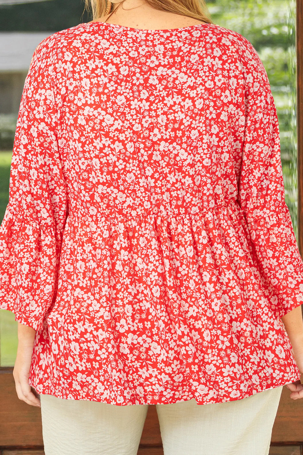 Red Plus Size Floral V Neck Flared Sleeve Blouse - Plus Size Tops