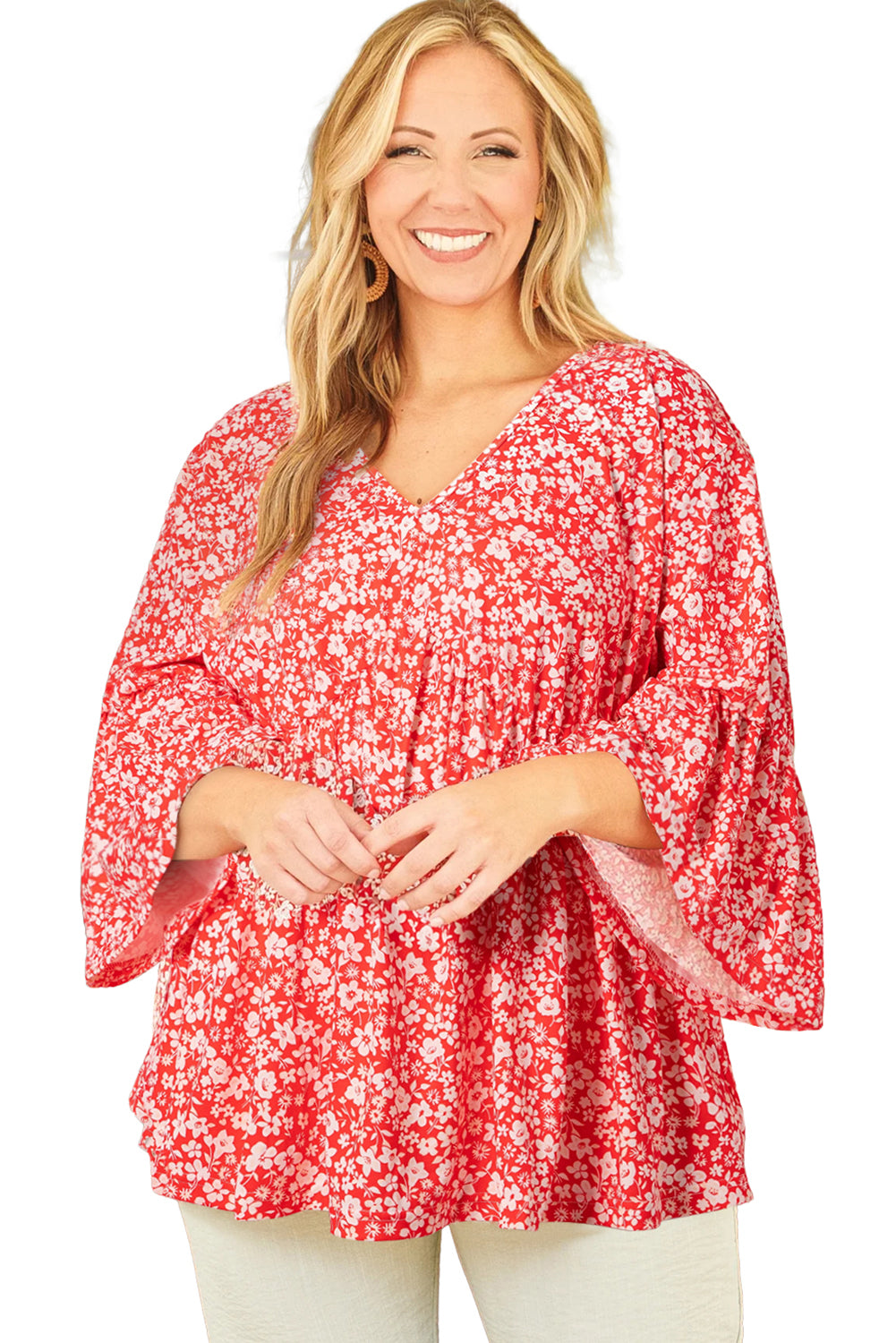 Red Plus Size Floral V Neck Flared Sleeve Blouse - Plus Size Tops