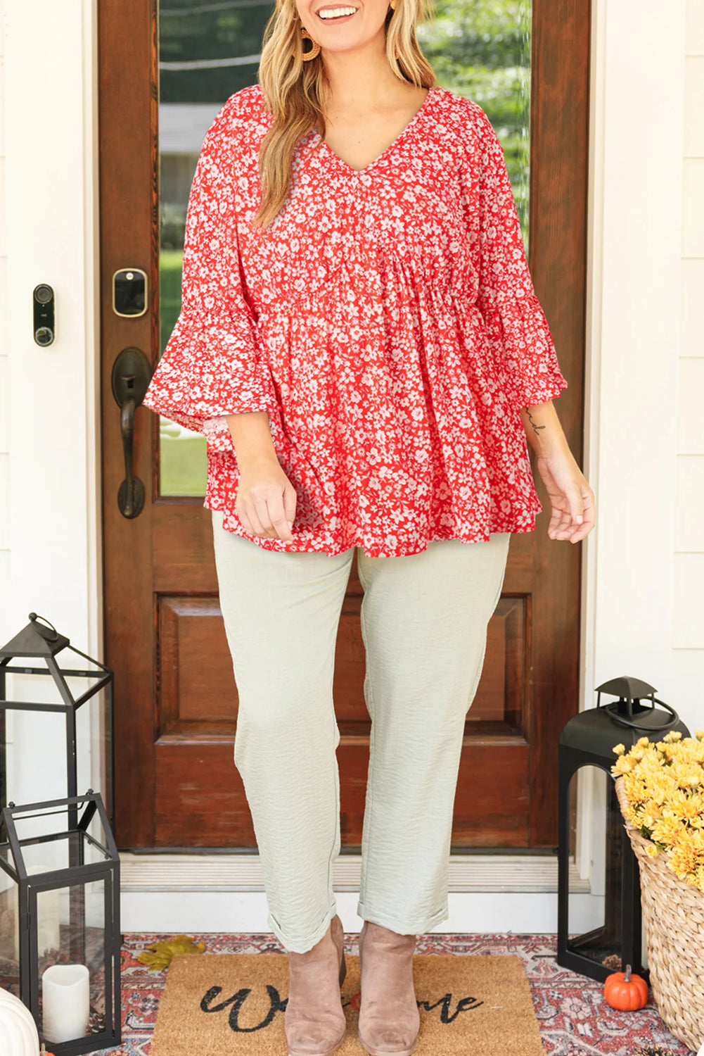 Red Plus Size Floral V Neck Flared Sleeve Blouse - Plus Size Tops