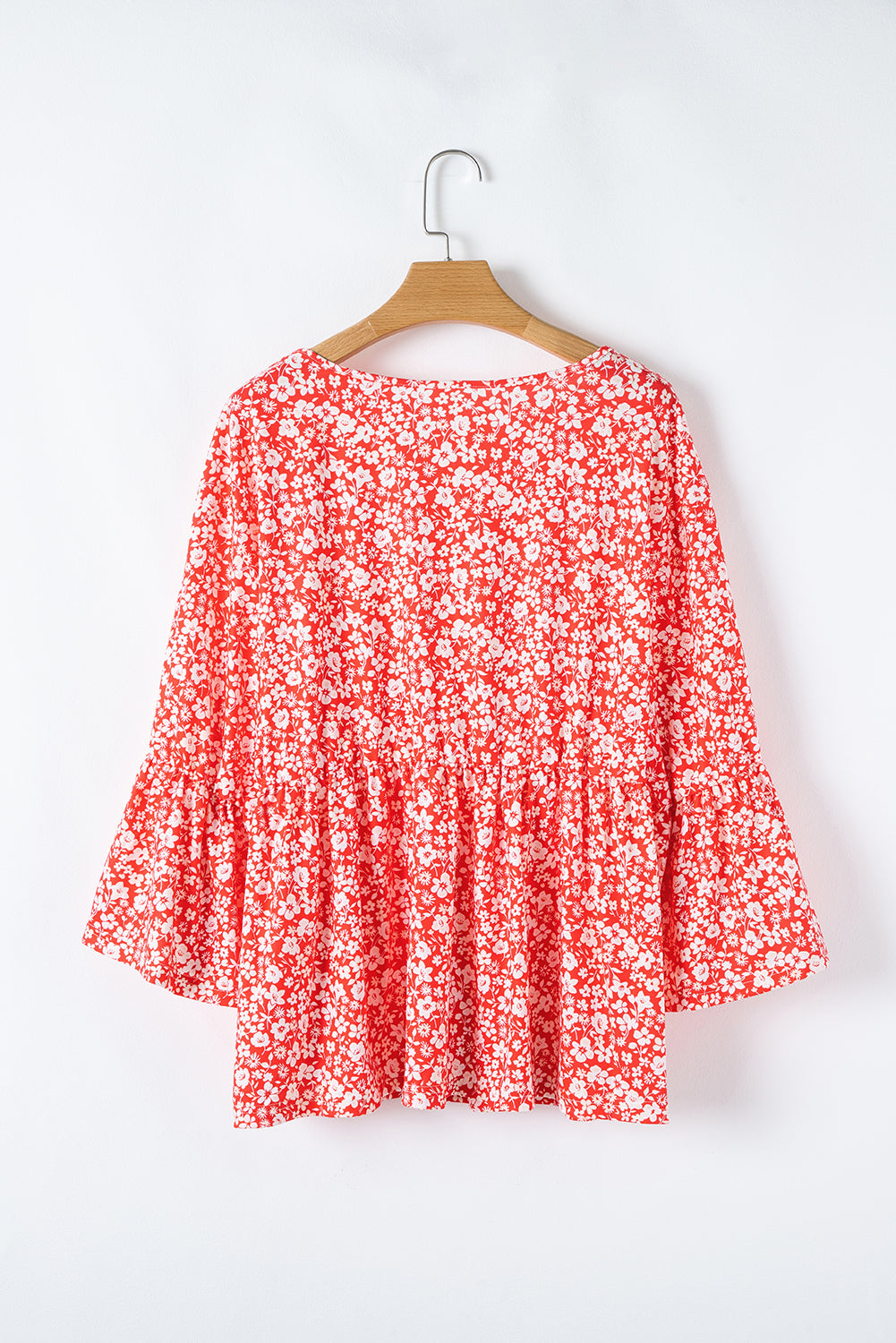 Red Plus Size Floral V Neck Flared Sleeve Blouse - Plus Size Tops