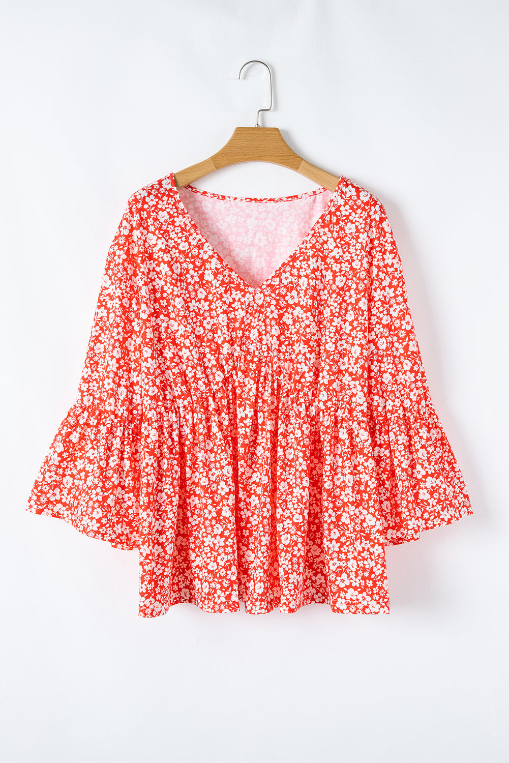 Red Plus Size Floral V Neck Flared Sleeve Blouse - Plus Size Tops