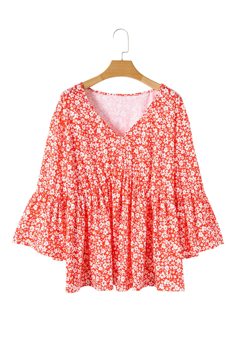 Red Plus Size Floral V Neck Flared Sleeve Blouse - Plus Size Tops