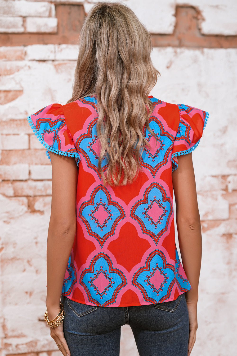 Red Random Abstract Print V Neck Ruffle Shoulder Blouse - MAD RUFFI