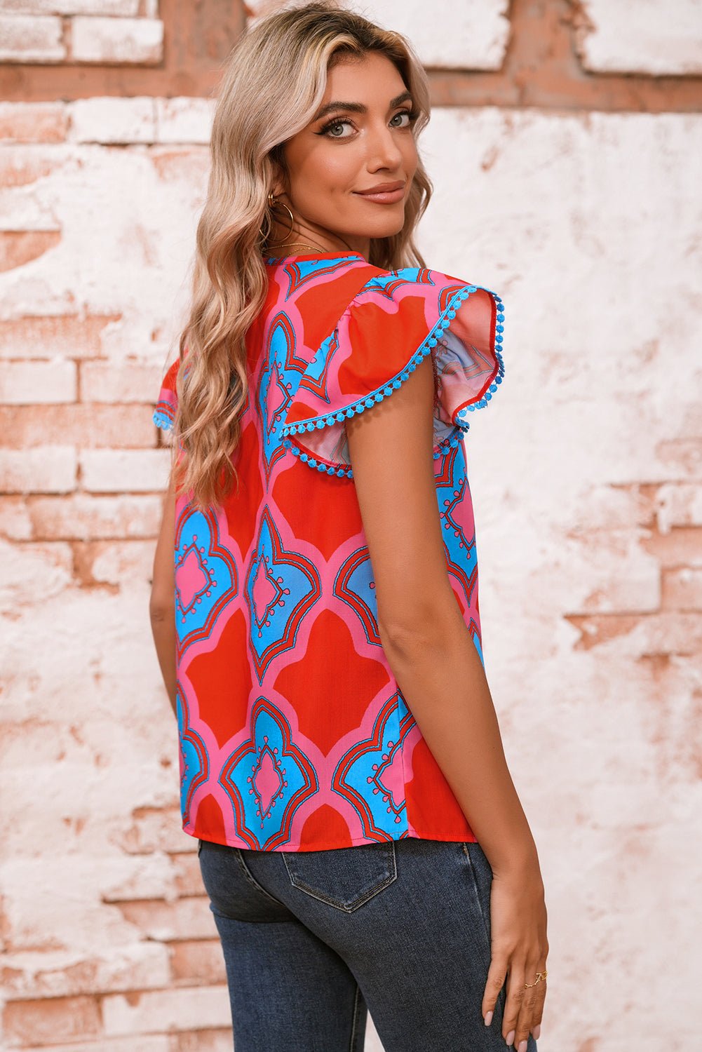 Red Random Abstract Print V Neck Ruffle Shoulder Blouse - MAD RUFFI