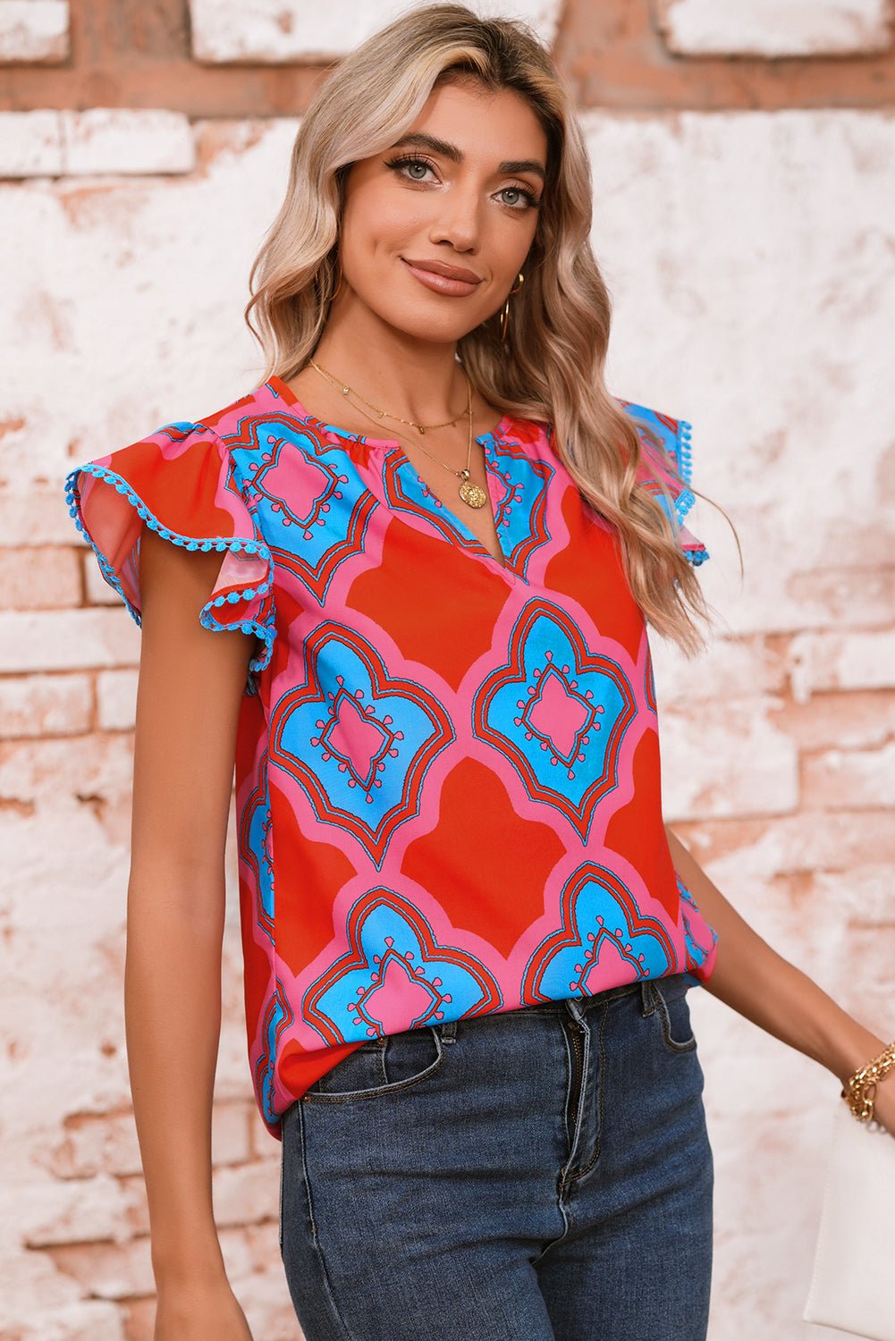 Red Random Abstract Print V Neck Ruffle Shoulder Blouse - MAD RUFFI