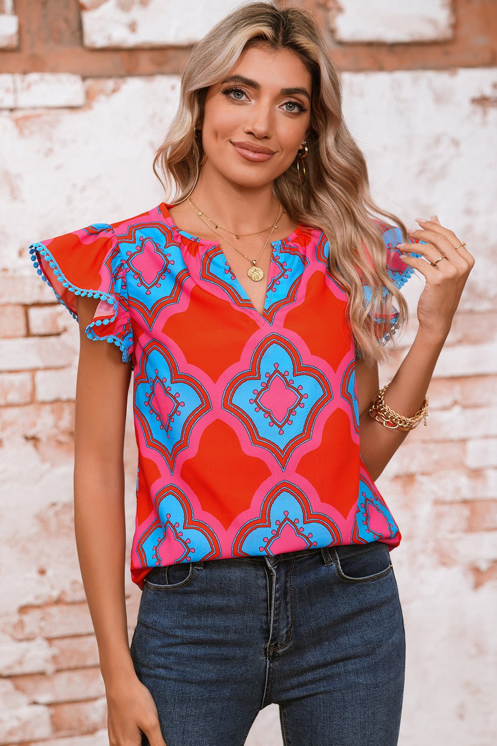 Red Random Abstract Print V Neck Ruffle Shoulder Blouse - MAD RUFFI