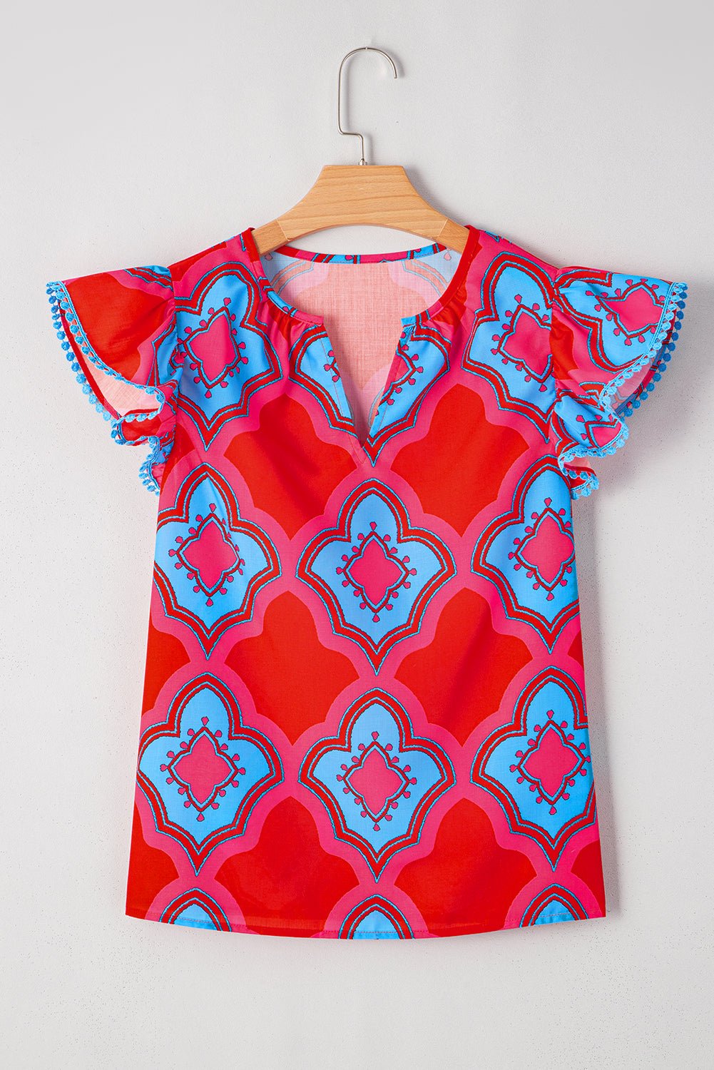 Red Random Abstract Print V Neck Ruffle Shoulder Blouse - MAD RUFFI