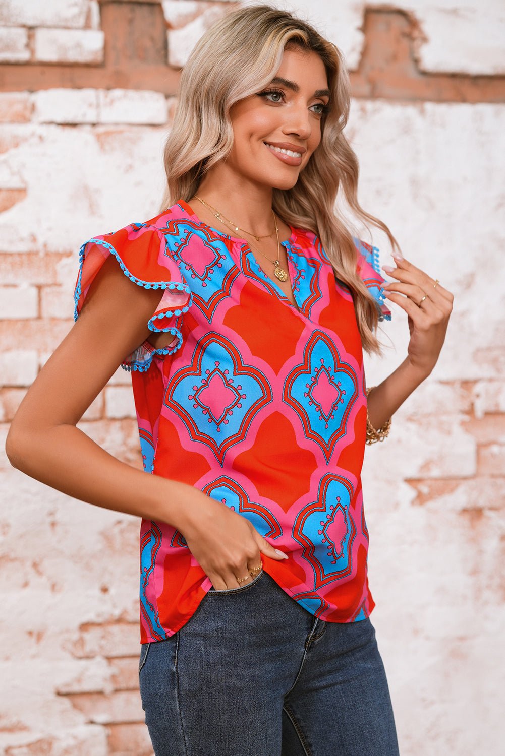 Red Random Abstract Print V Neck Ruffle Shoulder Blouse - MAD RUFFI