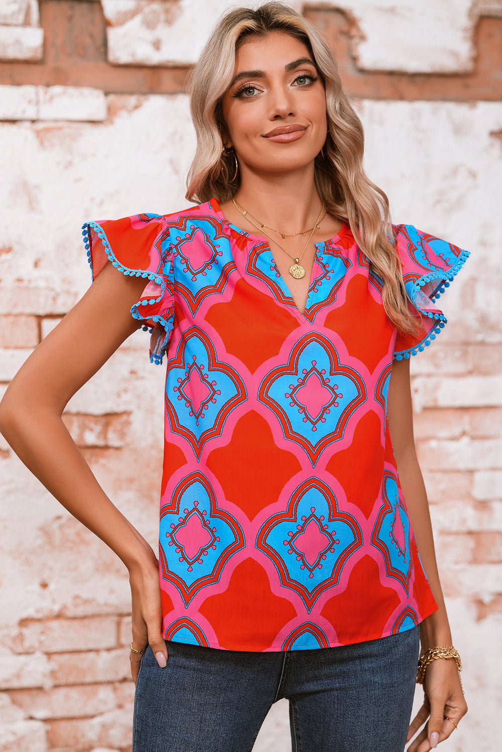 Red Random Abstract Print V Neck Ruffle Shoulder Blouse - MAD RUFFI
