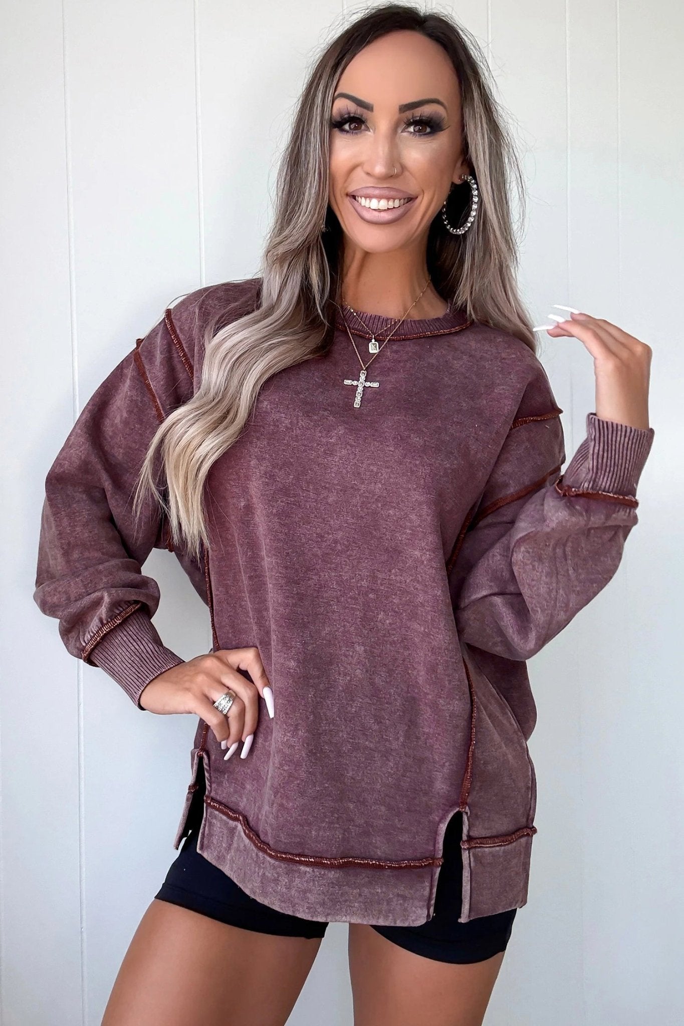 Red Sandalwood Mineral Wash Exposed Seam Side Slit Sweatshirt - MAD RUFFI