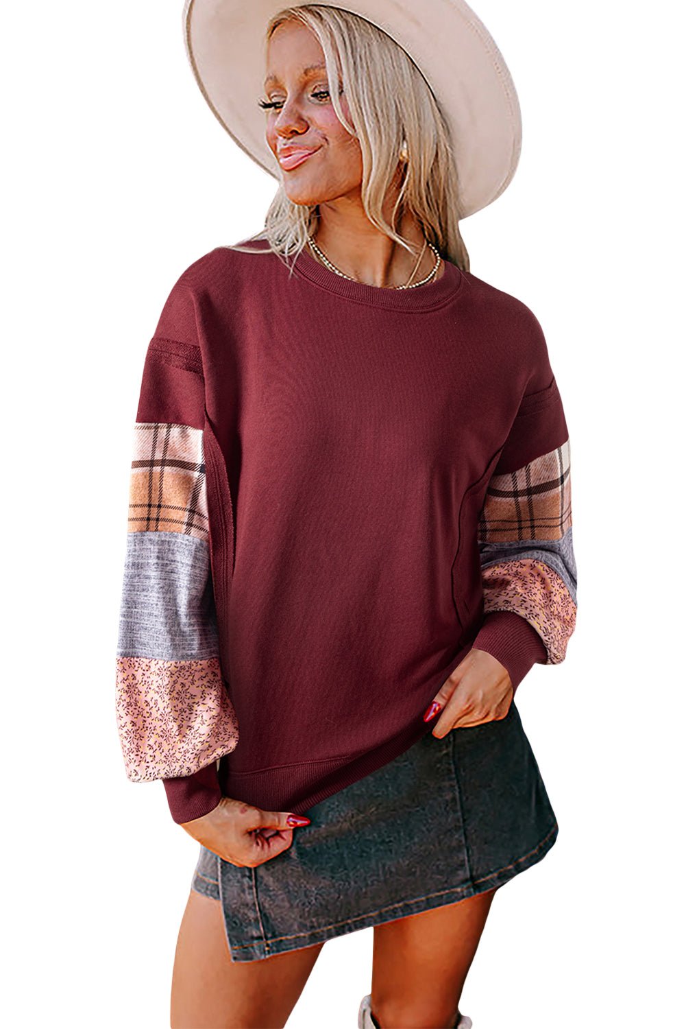 Red Sandalwood Plaid Patchwork Sleeve Raw Seam Sweatshirt - MAD RUFFI