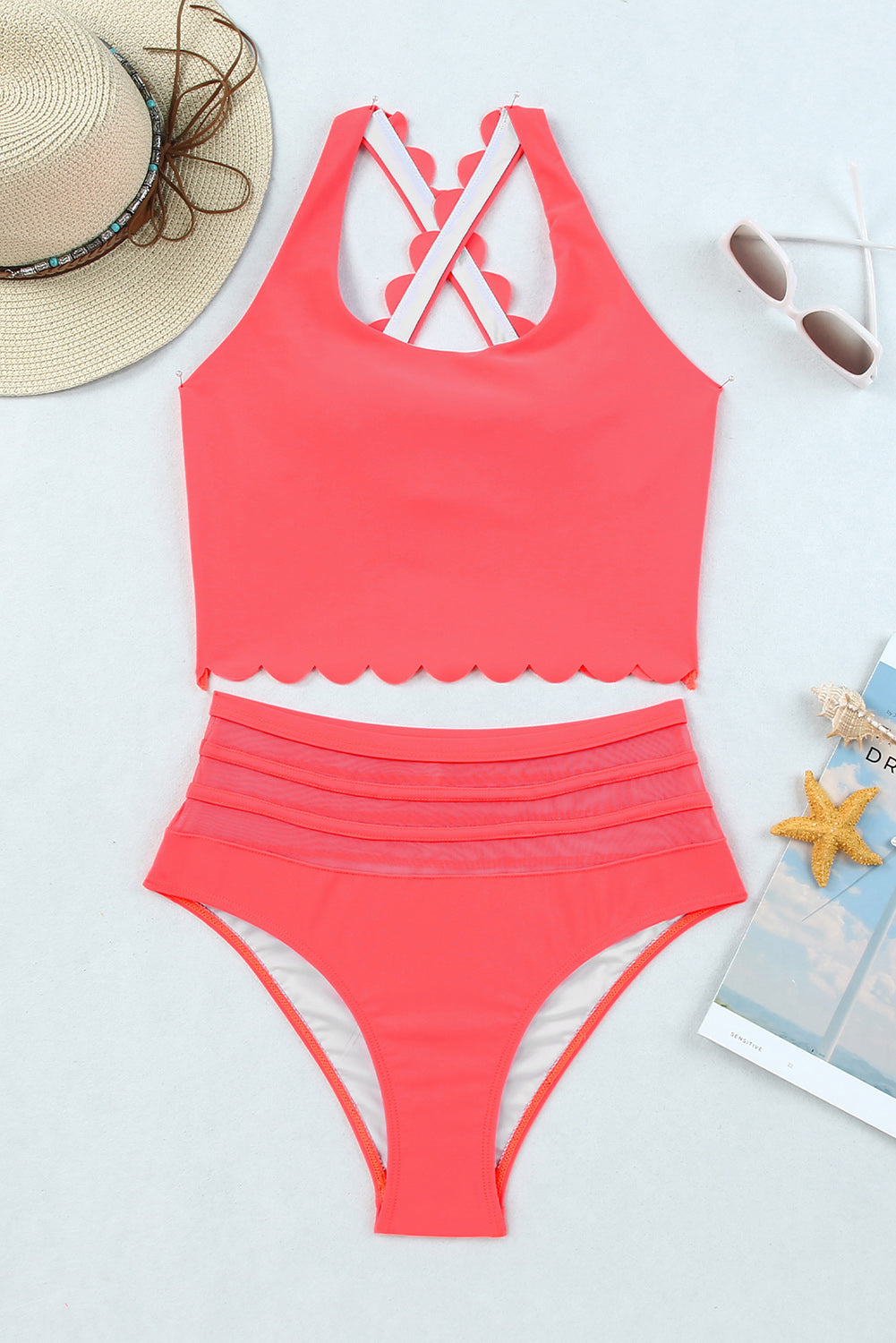 Red Scalloped Trim Criss Cross Contrast Mesh Two Piece Swimsuit - MAD RUFFI