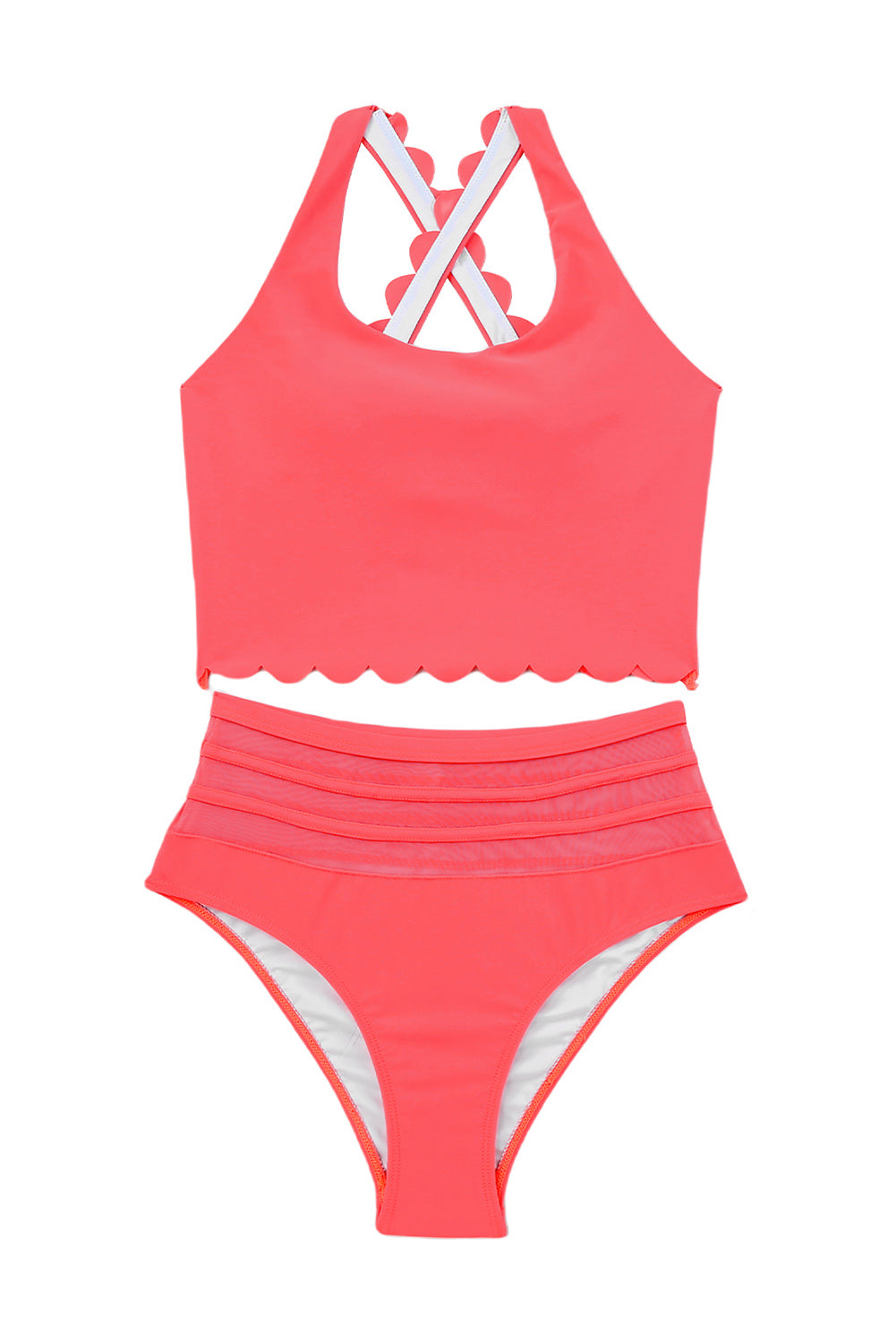 Red Scalloped Trim Criss Cross Contrast Mesh Two Piece Swimsuit - MAD RUFFI