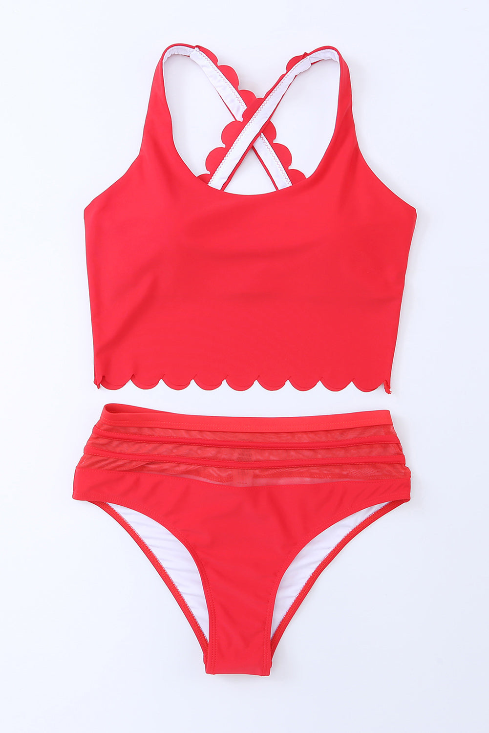 Red Scalloped Trim Criss Cross Contrast Mesh Two Piece Swimsuit - MAD RUFFI