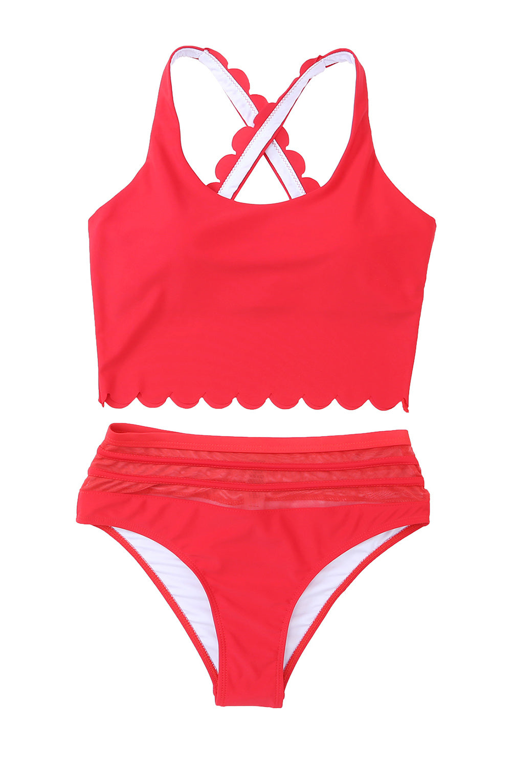 Red Scalloped Trim Criss Cross Contrast Mesh Two Piece Swimsuit - MAD RUFFI