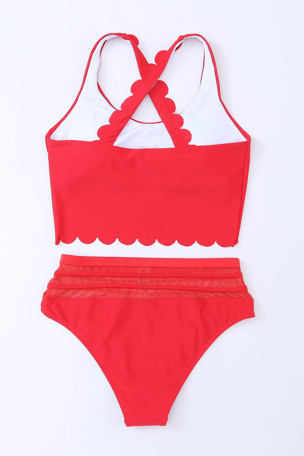 Red Scalloped Trim Criss Cross Contrast Mesh Two Piece Swimsuit - MAD RUFFI