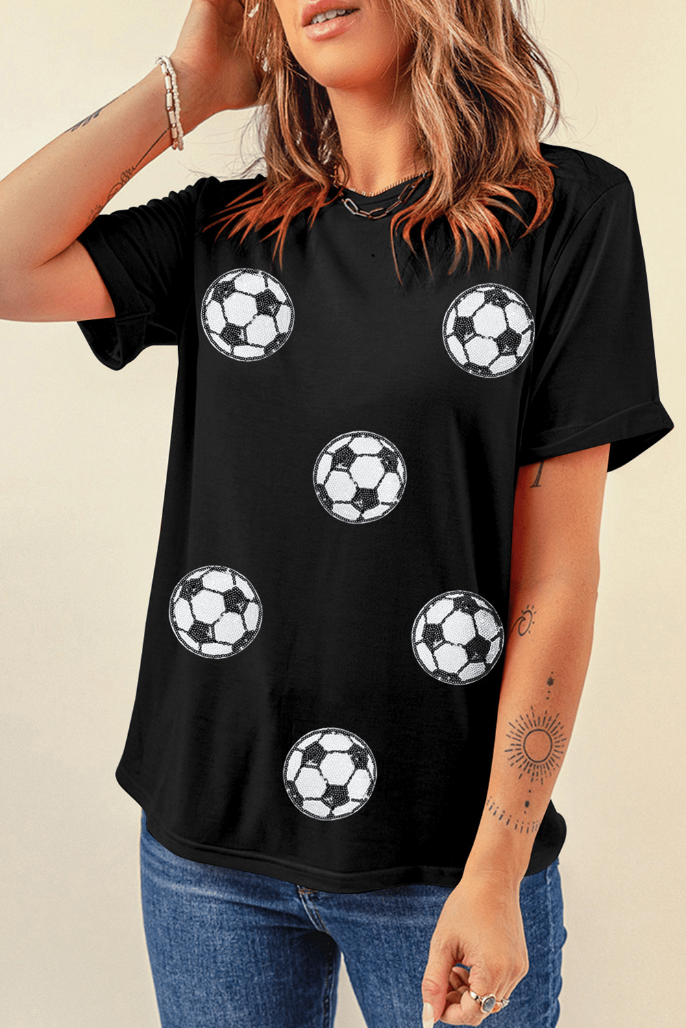 Red Sequin Football Patched Graphic Game Day T Shirt - MAD RUFFI