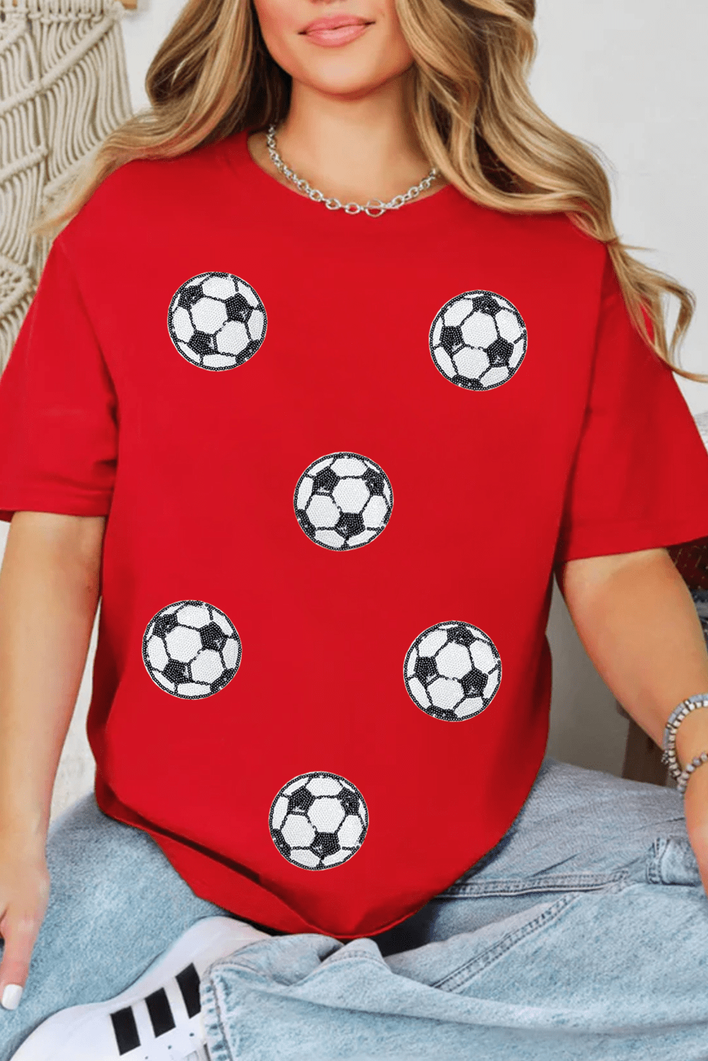 Red Sequin Football Patched Graphic Game Day T Shirt - MAD RUFFI