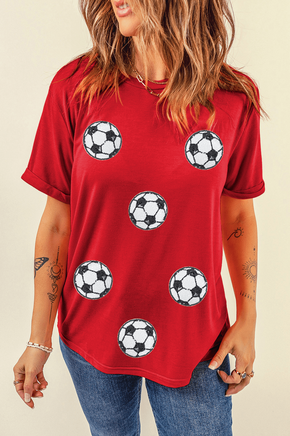 Red Sequin Football Patched Graphic Game Day T Shirt - MAD RUFFI