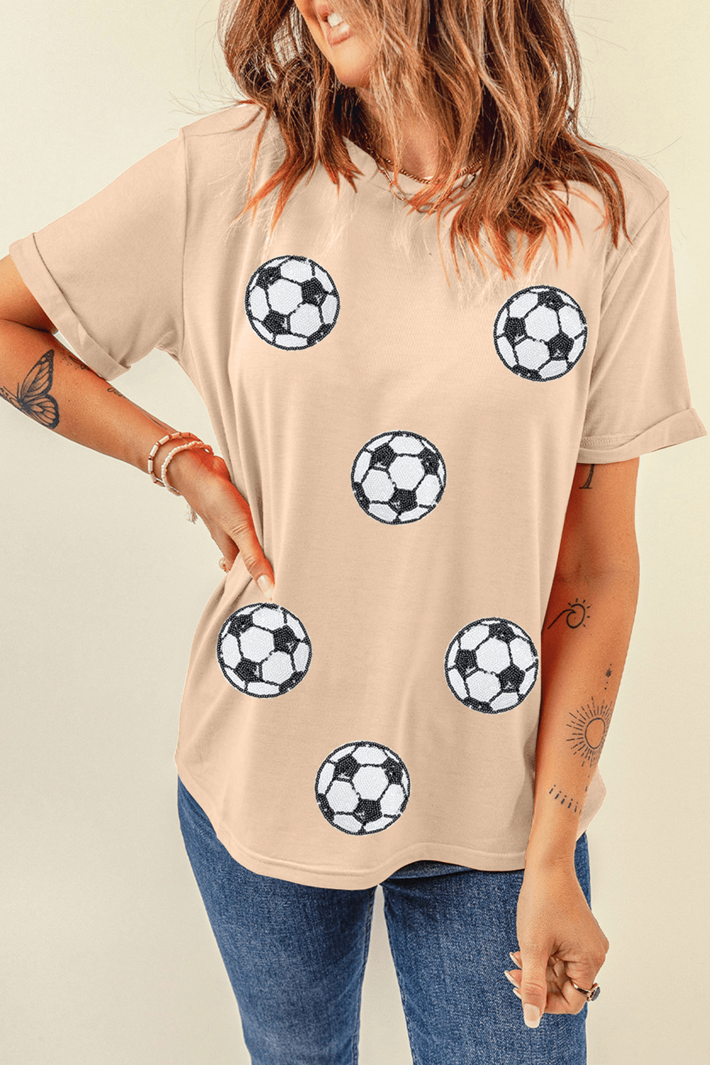 Red Sequin Football Patched Graphic Game Day T Shirt - MAD RUFFI