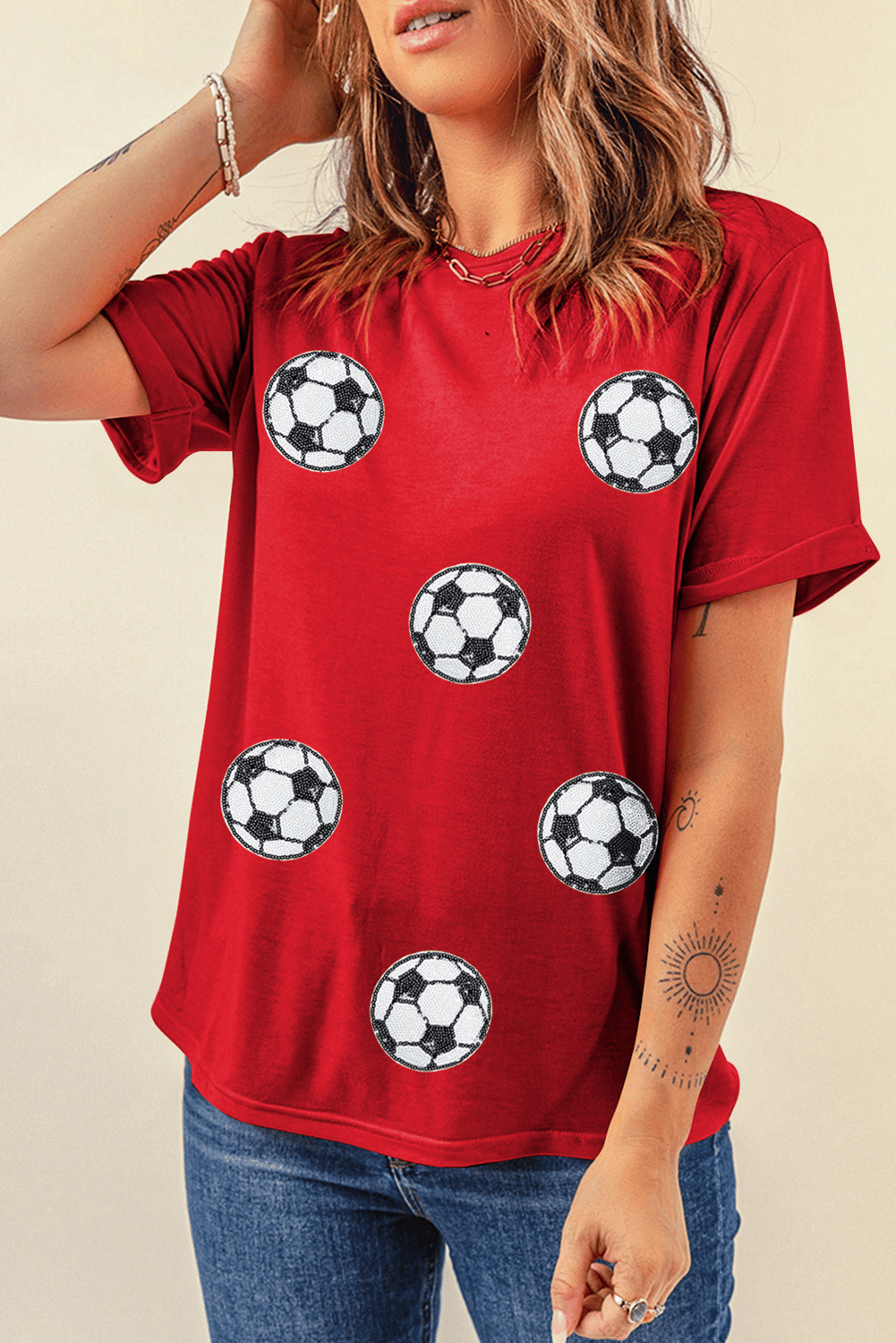 Red Sequin Football Patched Graphic Game Day T Shirt - MAD RUFFI