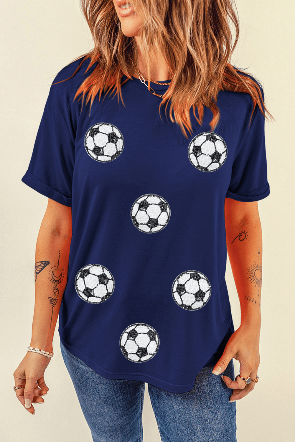 Red Sequin Football Patched Graphic Game Day T Shirt - MAD RUFFI