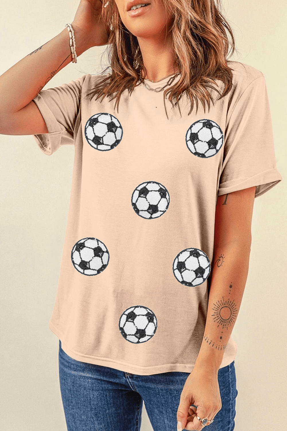 Red Sequin Football Patched Graphic Game Day T Shirt - MAD RUFFI