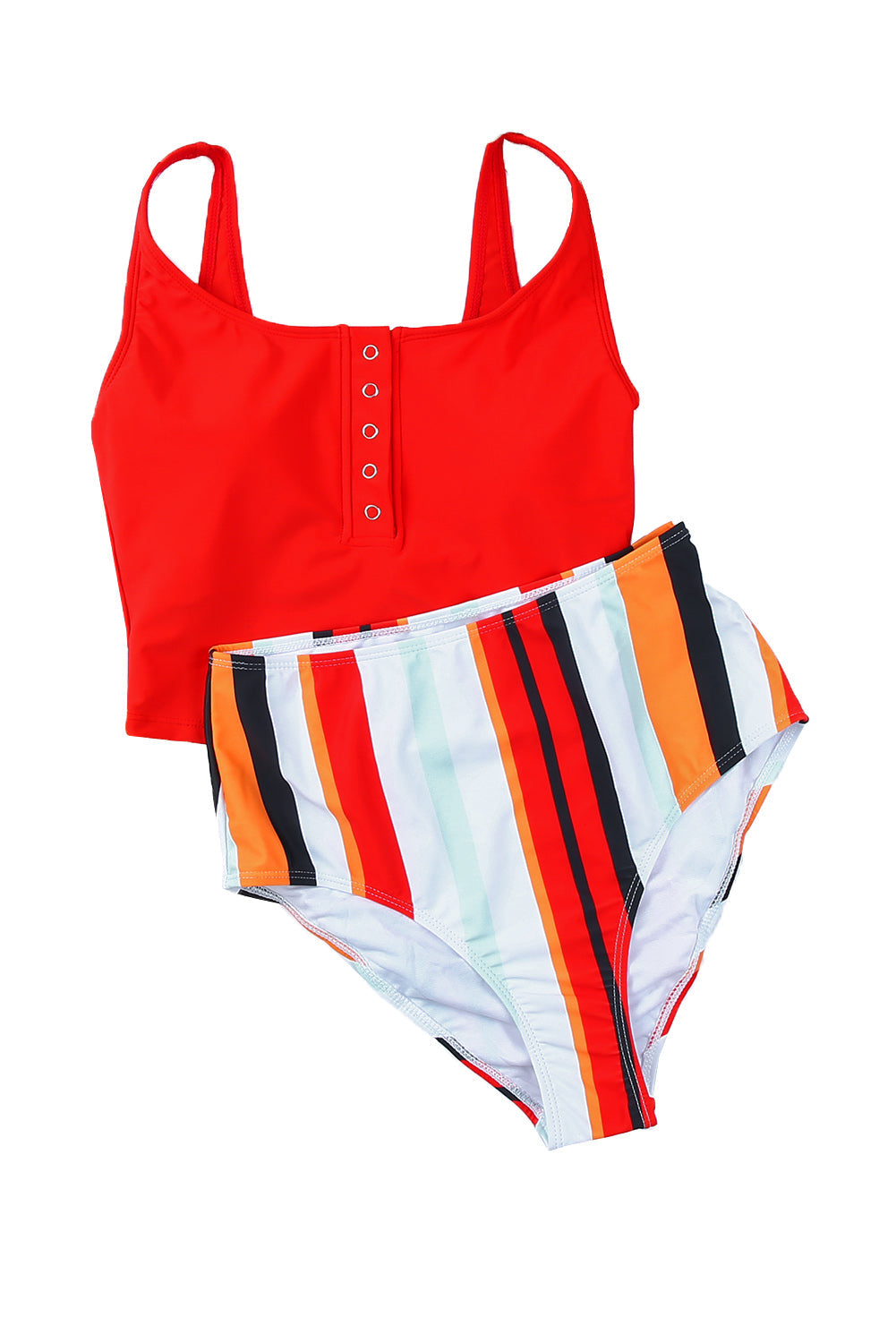 Red Sexy Square Neck Sleeveless Striped Print Tankini Swimsuit - MAD RUFFI