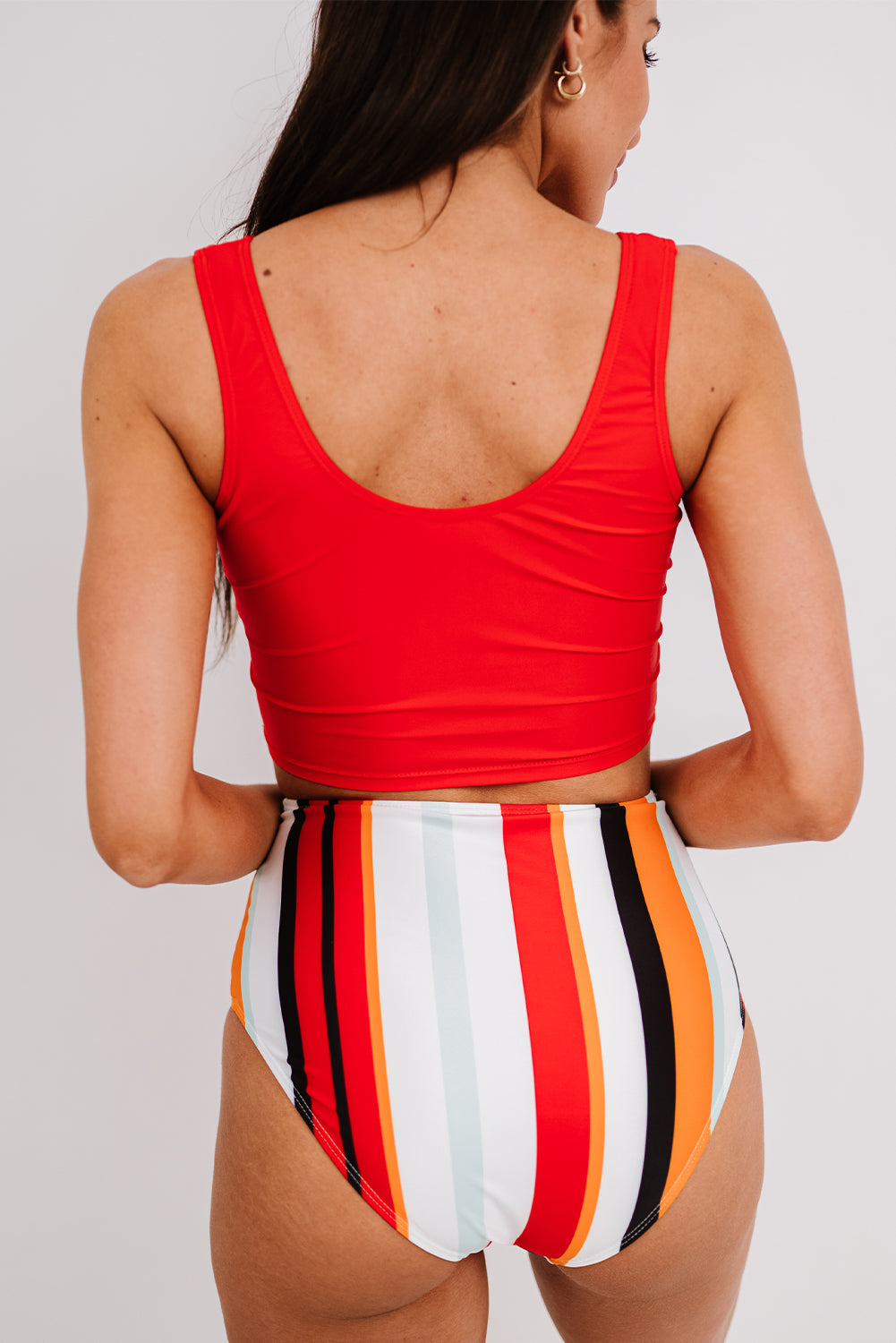 Red Sexy Square Neck Sleeveless Striped Print Tankini Swimsuit - MAD RUFFI