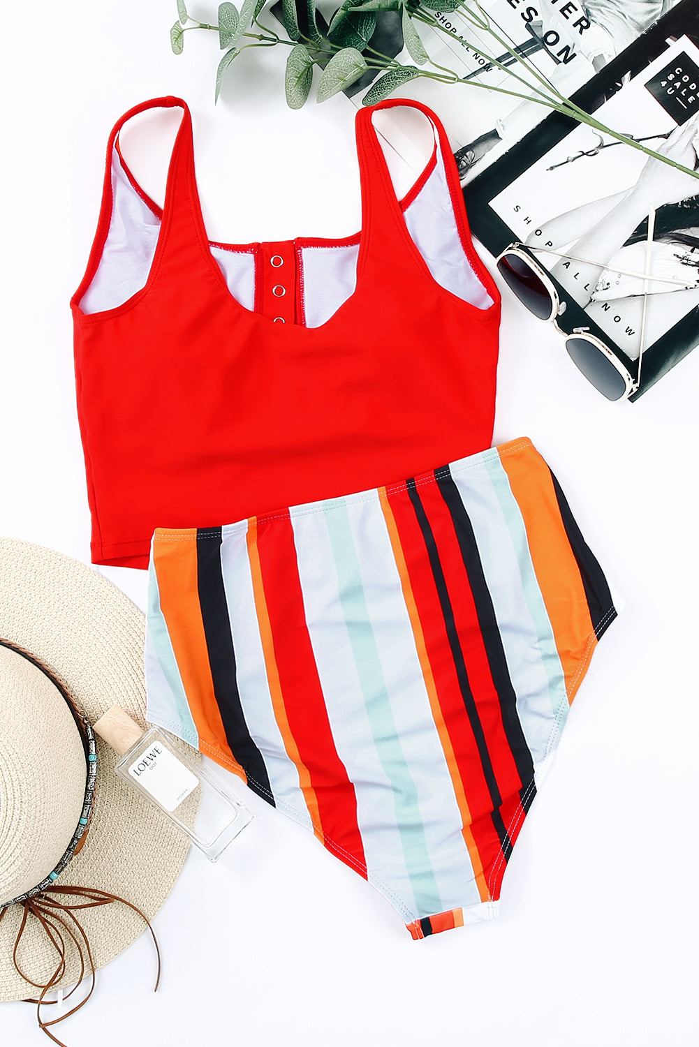 Red Sexy Square Neck Sleeveless Striped Print Tankini Swimsuit - MAD RUFFI