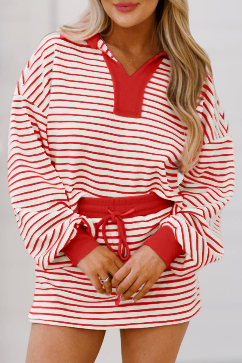 Red Stripe Collared V Neck Drop Shoulder Pullover and Skirt Set - MAD RUFFI