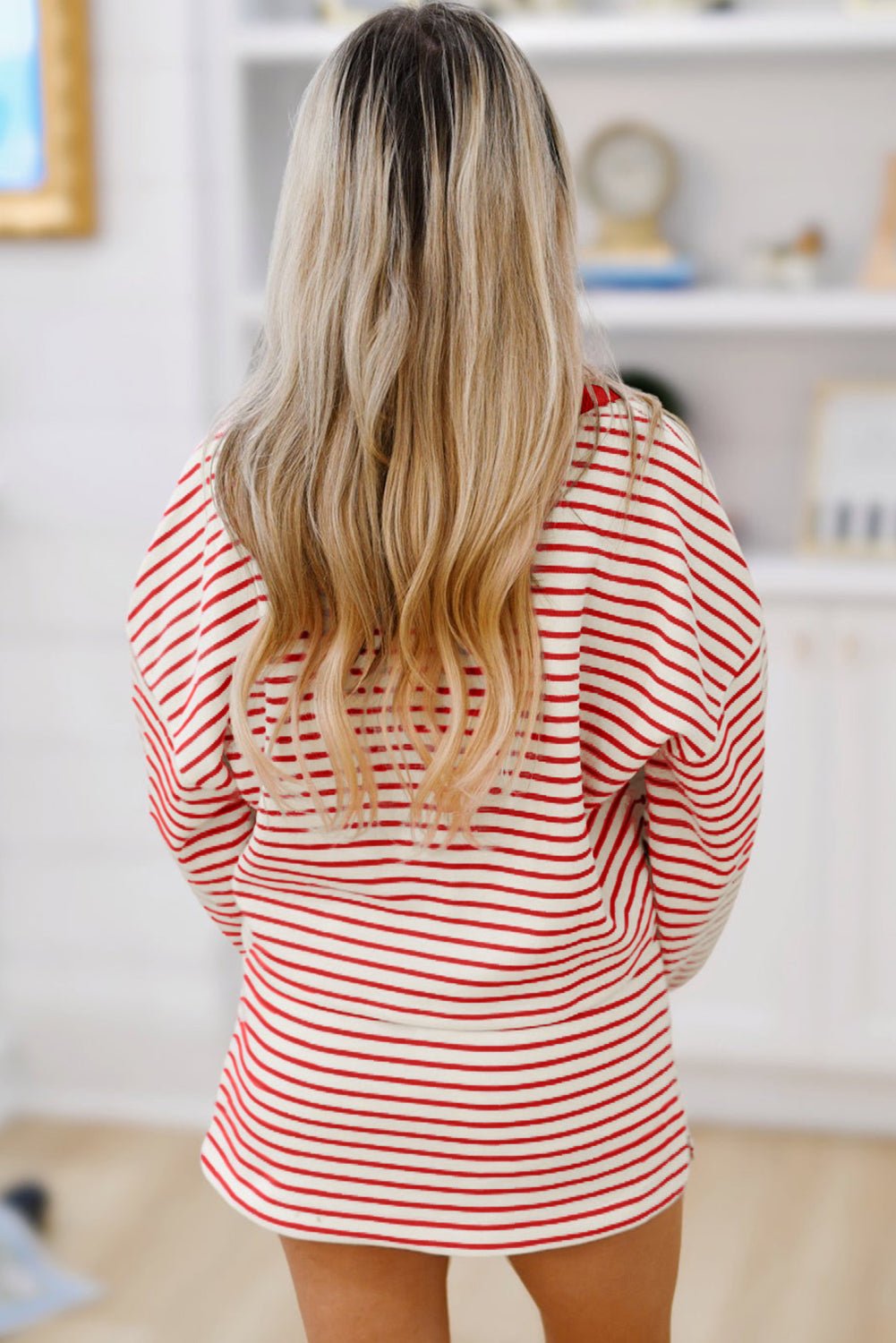 Red Stripe Collared V Neck Drop Shoulder Pullover and Skirt Set - MAD RUFFI