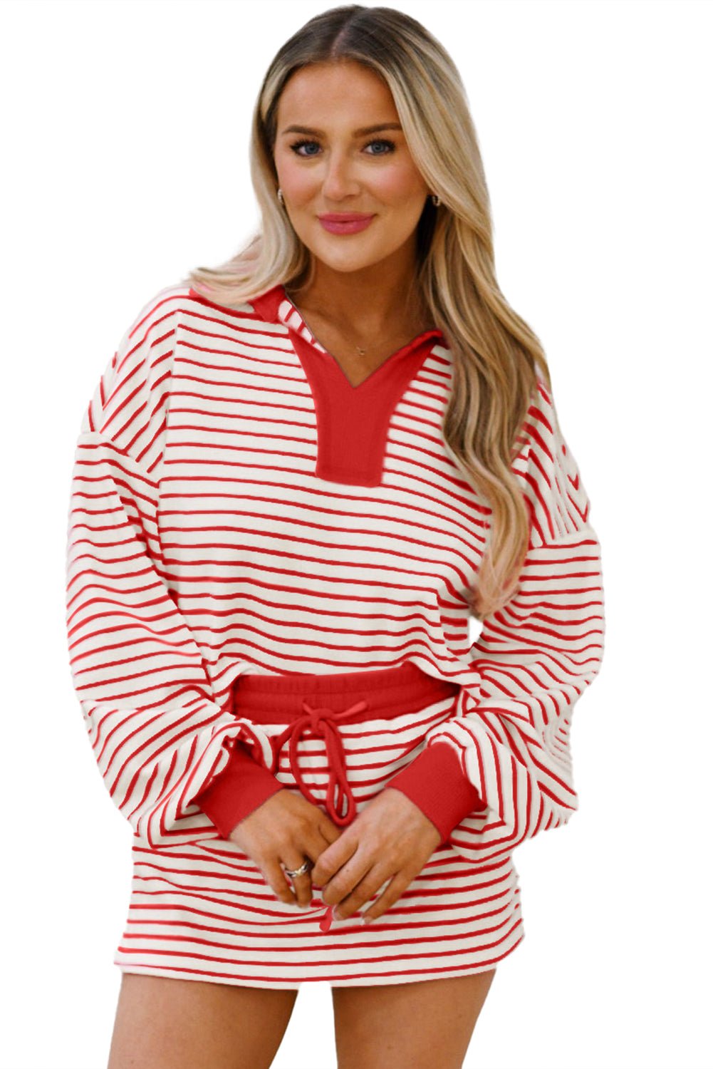 Red Stripe Collared V Neck Drop Shoulder Pullover and Skirt Set - MAD RUFFI