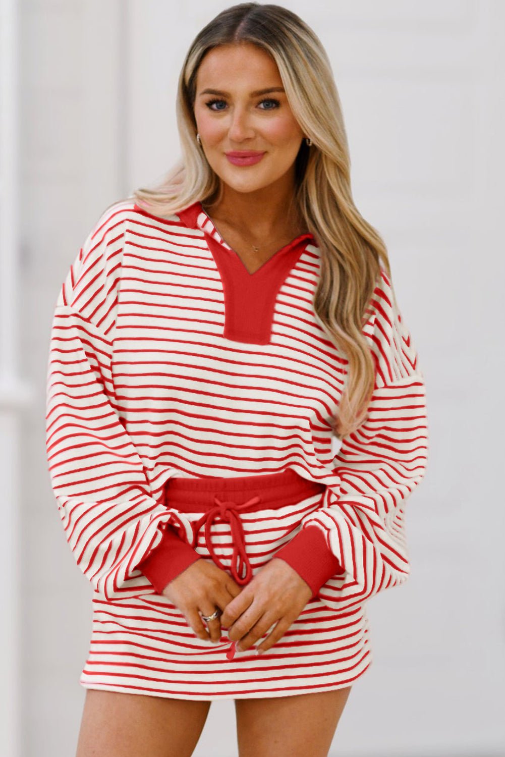 Red Stripe Collared V Neck Drop Shoulder Pullover and Skirt Set - MAD RUFFI