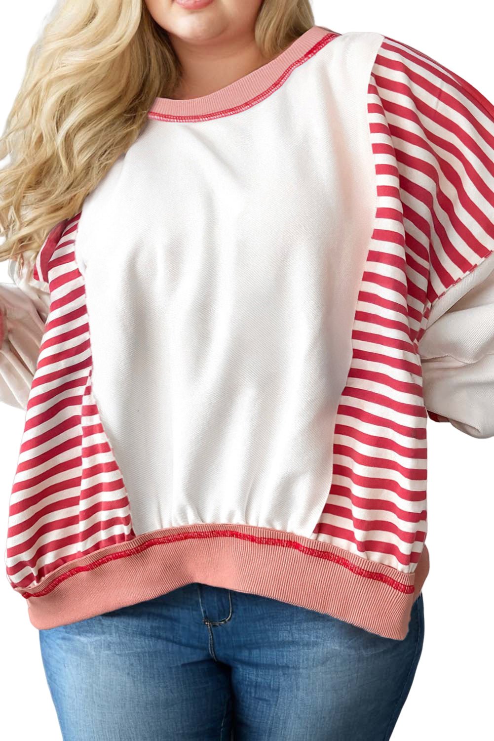 Red Stripe Colorblock Patchwork Stitching Detail Plus Size Sweatshirt - MAD RUFFI