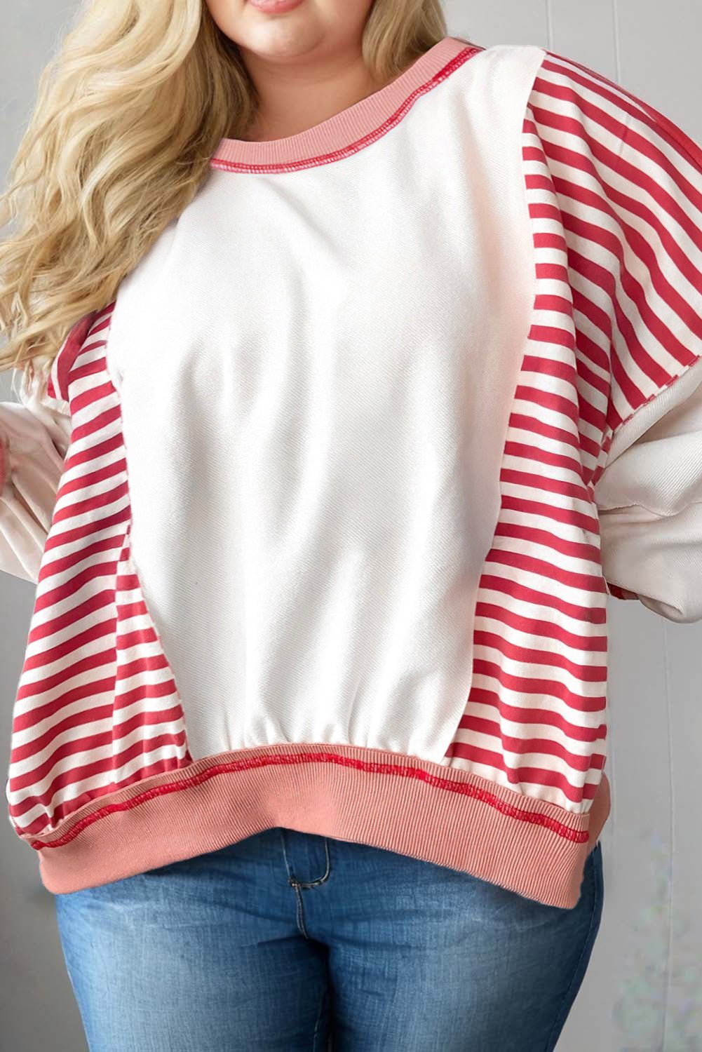 Red Stripe Colorblock Patchwork Stitching Detail Plus Size Sweatshirt - MAD RUFFI