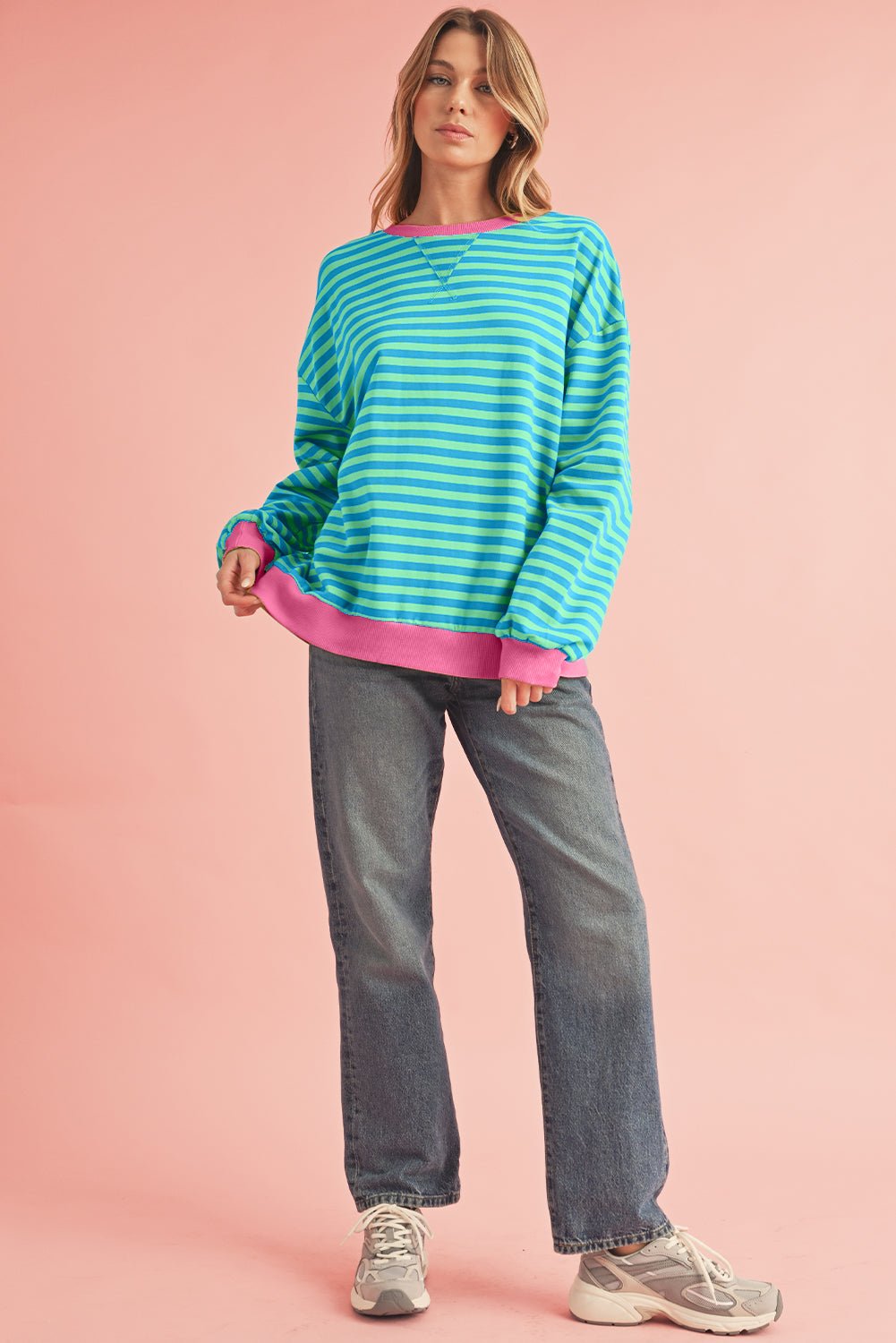 Red Stripe Contrast Edge Oversized Pullover - MAD RUFFI