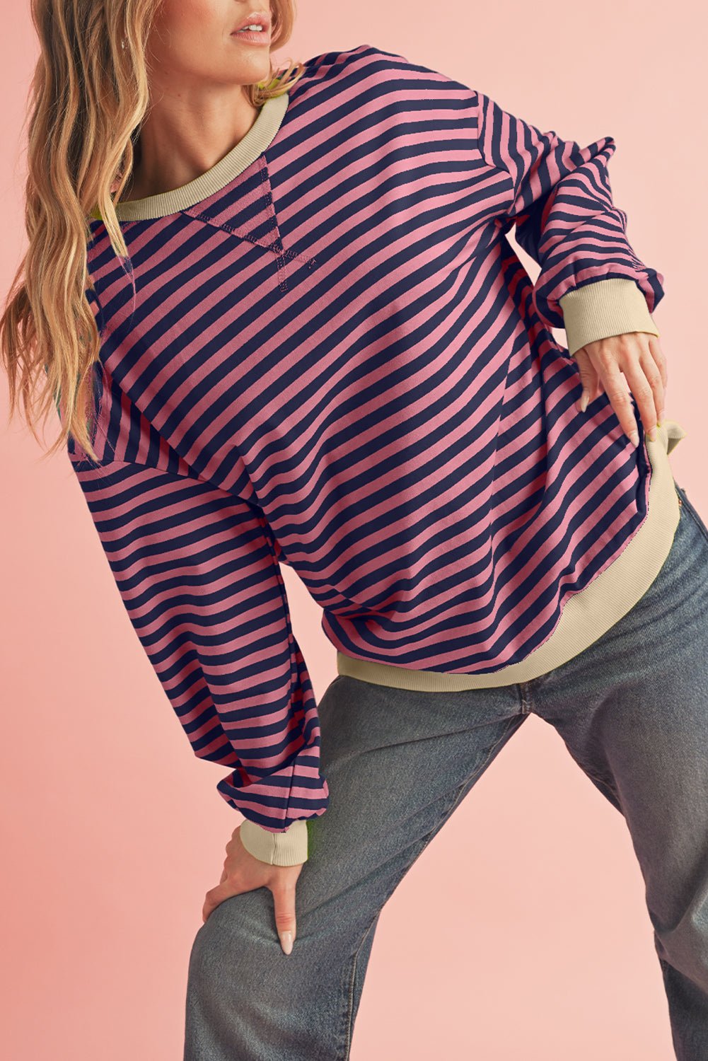 Red Stripe Contrast Edge Oversized Pullover - MAD RUFFI