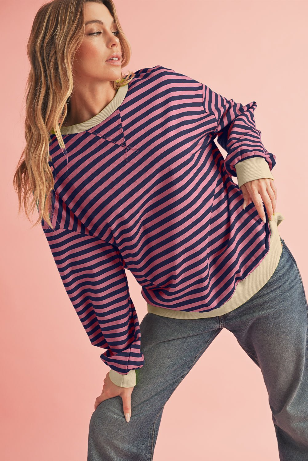 Red Stripe Contrast Edge Oversized Pullover - MAD RUFFI