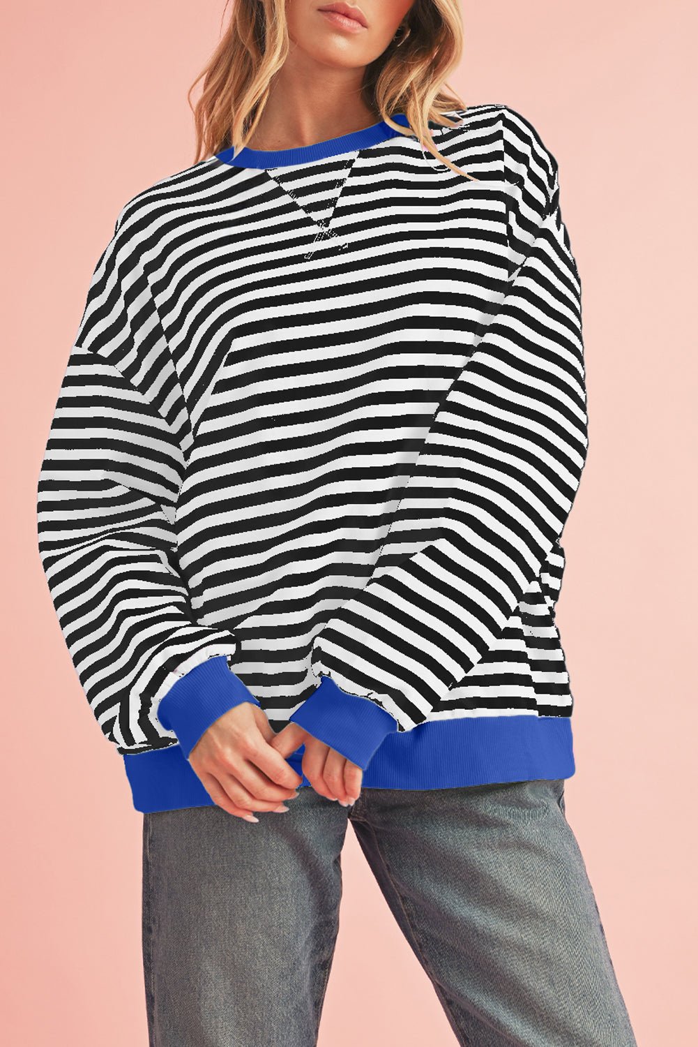 Red Stripe Contrast Edge Oversized Pullover - MAD RUFFI
