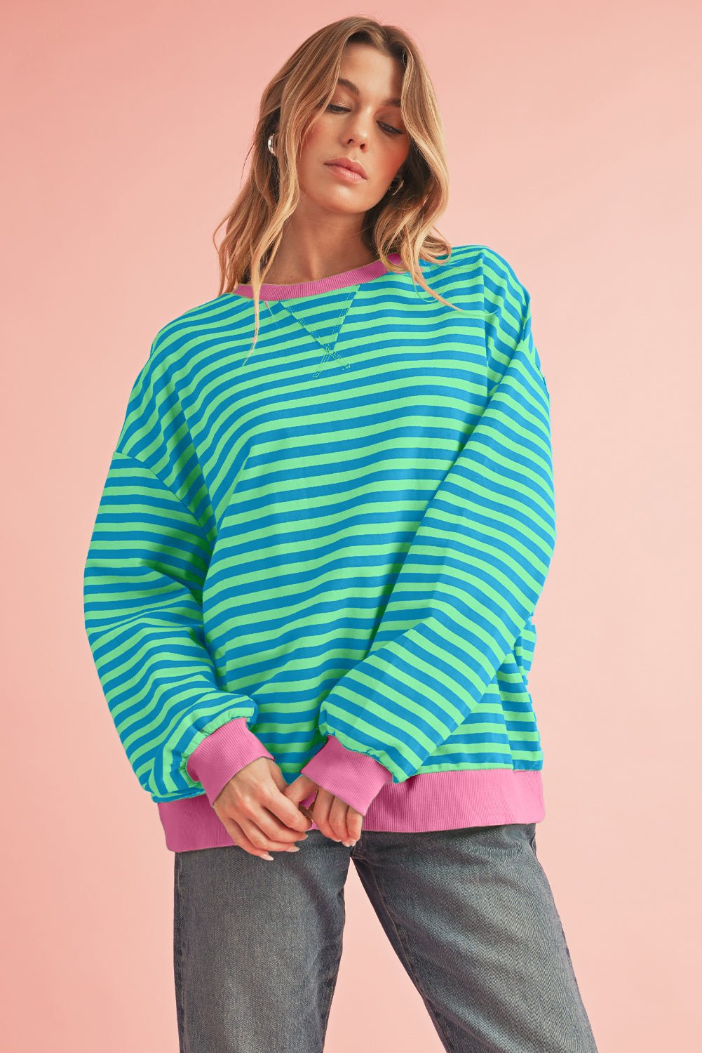 Red Stripe Contrast Edge Oversized Pullover - MAD RUFFI