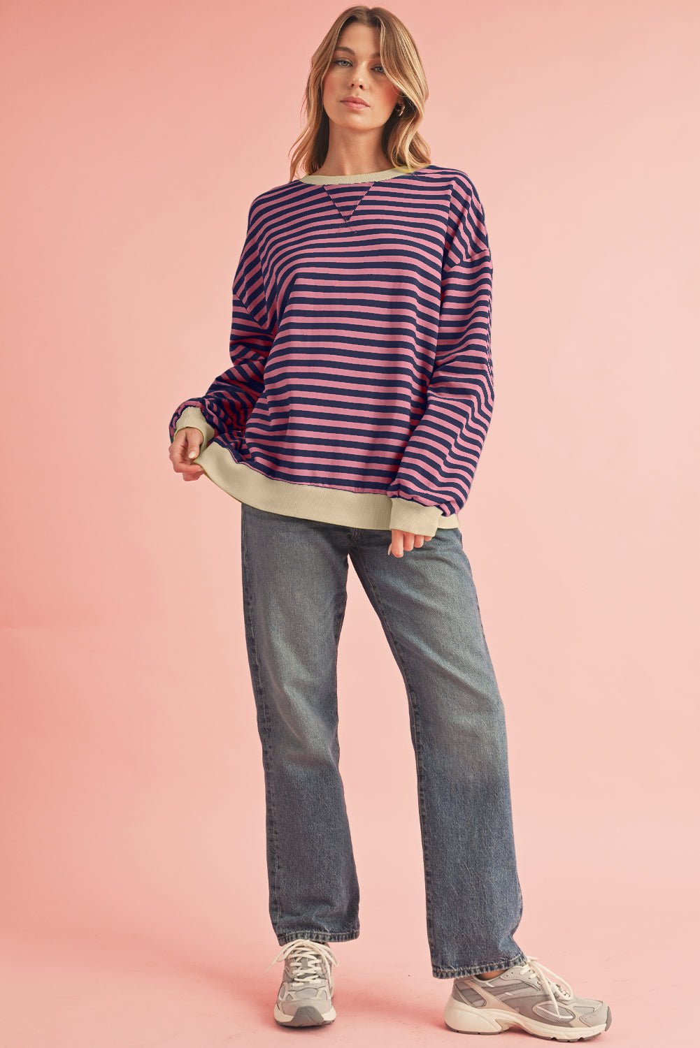 Red Stripe Contrast Edge Oversized Pullover - MAD RUFFI