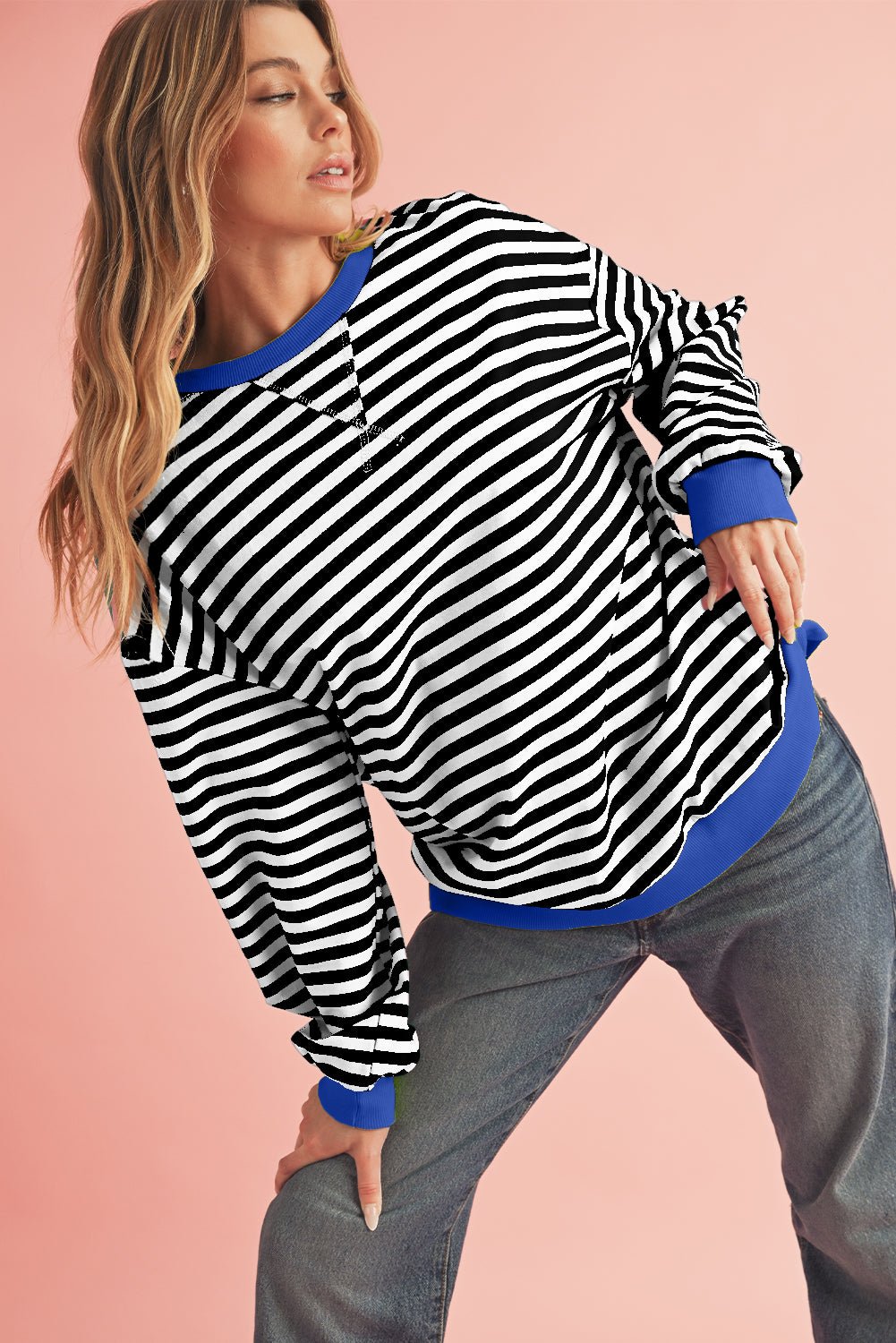 Red Stripe Contrast Edge Oversized Pullover - MAD RUFFI